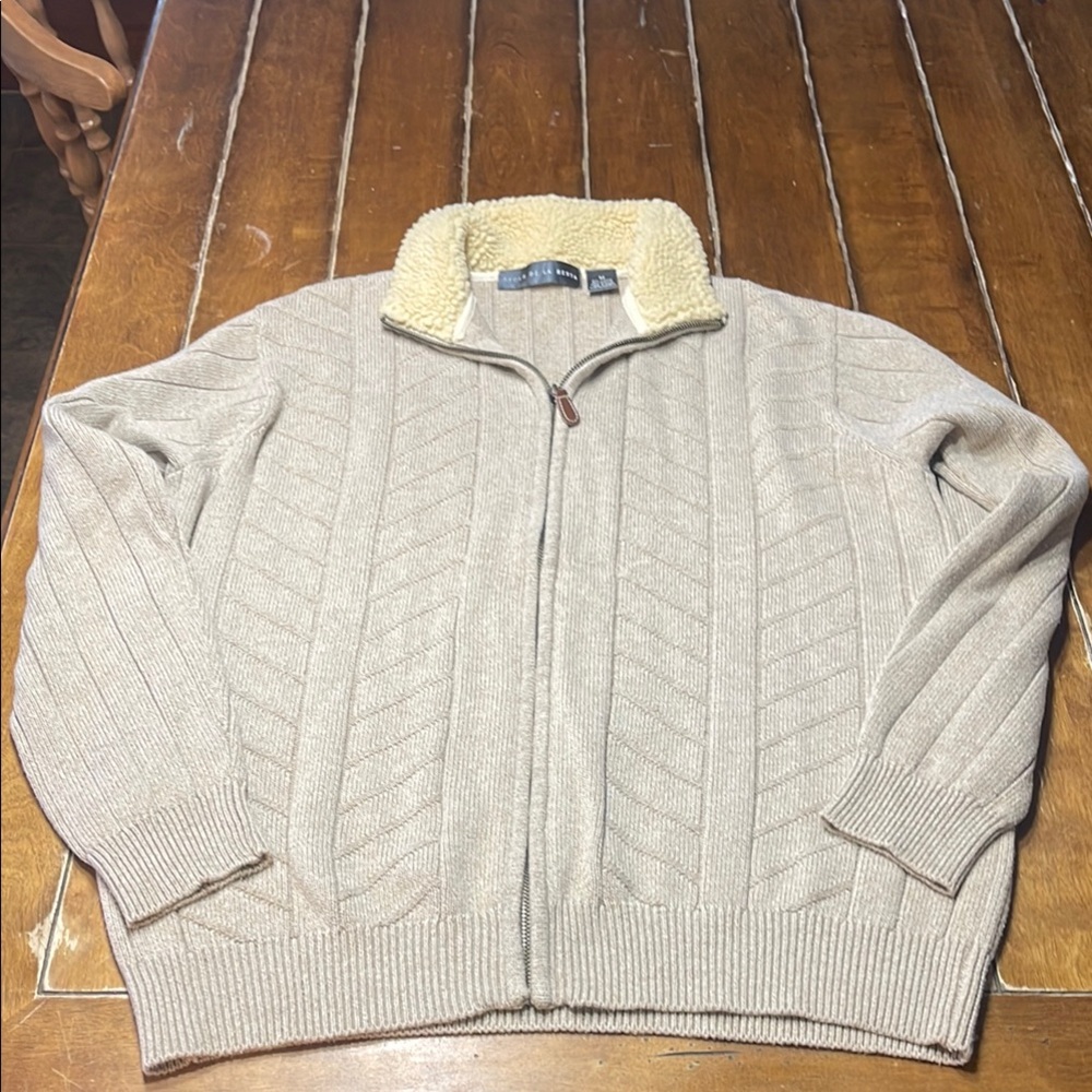 Oscar de la Renta Tan Zip Up Cardigan Sweater with Knit Texture Sz med-